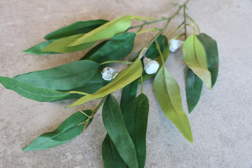 Faux Eucalyptus Spray With Green Leaves & Grey Seed Pods Artificial Foliage Everlasting Spring Greenery
