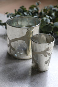 Silver Glass Mirrored Candle Holder | Tea Light Holder With Etched Floral Design