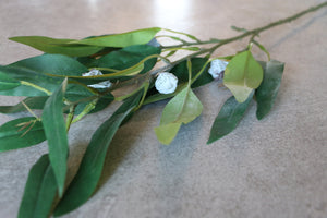 Faux Eucalyptus Spray With Green Leaves & Grey Seed Pods Artificial Foliage Everlasting Spring Greenery