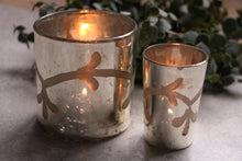 Load image into Gallery viewer, Silver Glass Mirrored Candle Holder | Tea Light Holder With Etched Floral Design