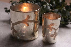 Silver Glass Mirrored Candle Holder | Tea Light Holder With Etched Floral Design