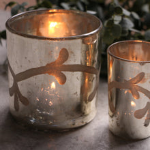 Load image into Gallery viewer, Silver Glass Mirrored Candle Holder | Tea Light Holder With Etched Floral Design