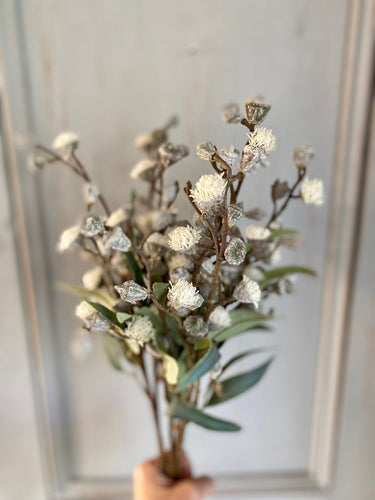 Faux Eucalyptus Stem With Grey Seed Pods Winter Berries Length 62cm