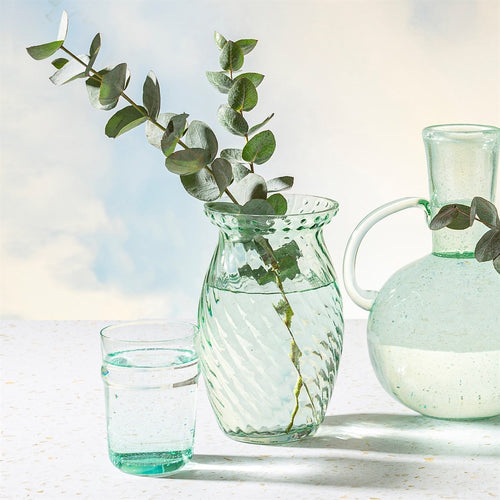 Small Recycled Glass Vase Green Tint Dried Flower Vase Fluted Design Height 12cm