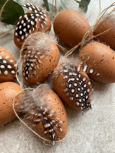 Hanging Easter Eggs For Easter Tree Decoration | Faux Brown & Black Speckled Effect With Real Guinea Fowl Feather | Set Of 9