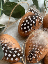 Load image into Gallery viewer, Hanging Easter Eggs For Easter Tree Decoration | Faux Brown &amp; Black Speckled Effect With Real Guinea Fowl Feather | Set Of 9