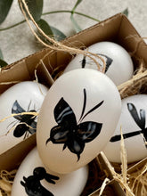 Load image into Gallery viewer, Hanging Easter Decorative Eggs | Easter Tree Decor | Faux White Illustrated Eggs | Birds Butterflies &amp; Bunny | Set Of 6 In Gift Box