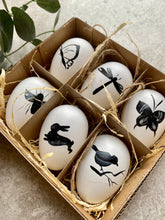 Load image into Gallery viewer, Hanging Easter Decorative Eggs | Easter Tree Decor | Faux White Illustrated Eggs | Birds Butterflies &amp; Bunny | Set Of 6 In Gift Box