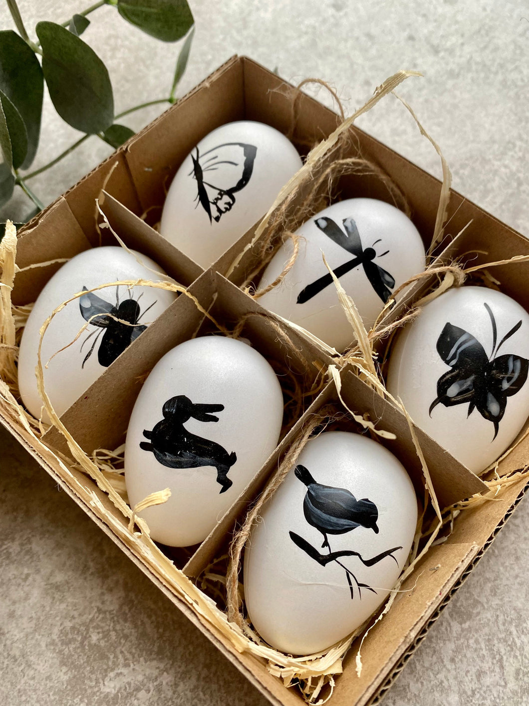 Hanging Easter Decorative Eggs | Easter Tree Decor | Faux White Illustrated Eggs | Birds Butterflies & Bunny | Set Of 6 In Gift Box