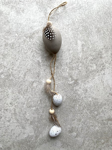 Hanging Easter Eggs | Decorative Artificial Grey & White Speckled Eggs hanger | Real Guinea Fowl Feathers | 38cm long