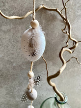 Load image into Gallery viewer, Hanging Easter Eggs | Decorative Artificial Grey &amp; White Speckled Eggs hanger | Real Guinea Fowl Feathers | 38cm long
