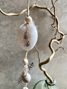 Hanging Easter Eggs | Decorative Artificial Grey & White Speckled Eggs hanger | Real Guinea Fowl Feathers | 38cm long