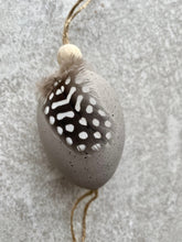 Load image into Gallery viewer, Hanging Easter Eggs | Decorative Artificial Grey &amp; White Speckled Eggs hanger | Real Guinea Fowl Feathers | 38cm long