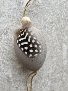 Hanging Easter Eggs | Decorative Artificial Grey & White Speckled Eggs hanger | Real Guinea Fowl Feathers | 38cm long