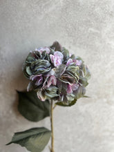 Load image into Gallery viewer, Faux Hydrangea Stem Dried Look Blue/Mauve Artificial Hydrangeas Large Flower Head Length 85cm