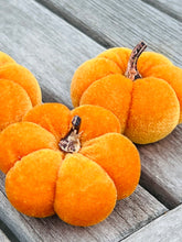 Load image into Gallery viewer, Orange Velvet Faux Pumpkins Set Of 3 Fabric Mini Pumpkin Fall Seasonal Decoration Halloween Decorations Autumn Table Decor Styling