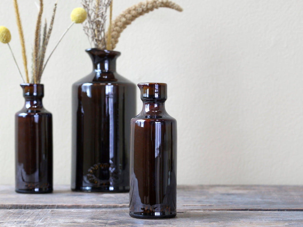 Vintage French Style Apothecary Bottle Brown Glazed Clay Bottle Vase Available In Two Sizes