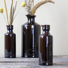 Load image into Gallery viewer, Vintage French Style Apothecary Bottle Brown Glazed Clay Vase Rustic Vessel For Botanicals Handmade Distressed Vase
