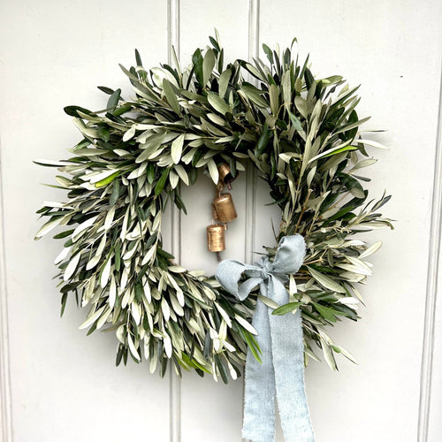 Fresh Olive Branch Wreath Christmas Front Door Wreath All Year Round HANDMADE To Order Optional Rustic Brass Bells & Ribbon