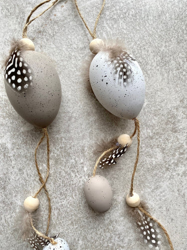 Hanging Easter Eggs | Decorative Artificial Grey & White Speckled Eggs hanger | Real Guinea Fowl Feathers | 38cm long
