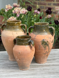 Vintage Terracotta Urn With Handles | Antique Turkish Olive Jar | Unique Rustic Pots | Green Glazed Rim | 3 Sizes Available | Unique Vessel