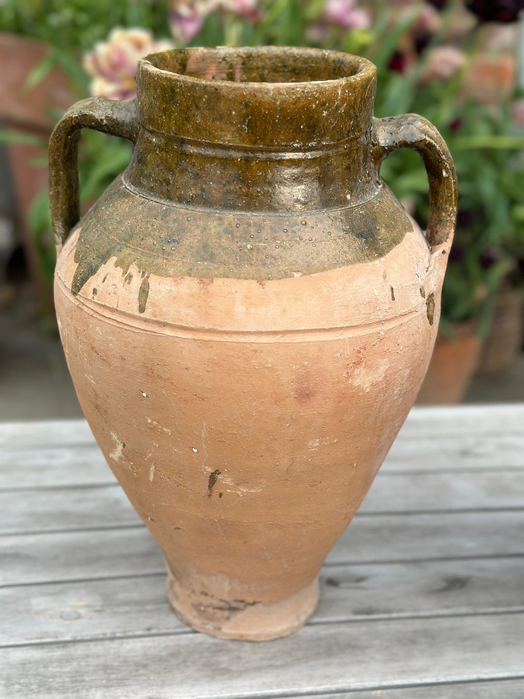 Vintage Terracotta Urn With Handles | Antique Turkish Olive Jar | Unique Rustic Pots | Green Glazed Rim | 3 Sizes Available | Unique Vessel