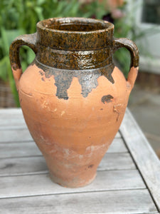 Vintage Terracotta Urn With Handles | Antique Turkish Olive Jar | Unique Rustic Pots | Green Glazed Rim | 3 Sizes Available | Unique Vessel