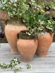 Vintage Terracotta Urn With Handles | Antique Turkish Olive Jar | Unique Rustic Pots | Green Glazed Rim | 3 Sizes Available | Unique Vessel