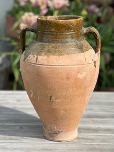Vintage Terracotta Urn With Handles | Antique Turkish Olive Jar | Unique Rustic Pots | Green Glazed Rim | 3 Sizes Available | Unique Vessel