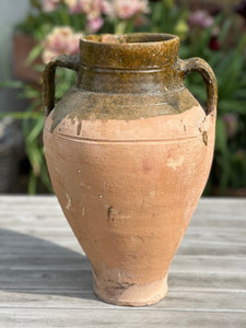 Vintage Terracotta Urn With Handles | Antique Turkish Olive Jar | Unique Rustic Pots | Green Glazed Rim | 3 Sizes Available | Unique Vessel