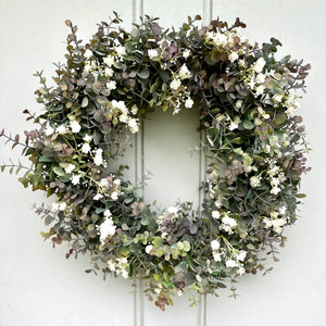 Eucalyptus Gypsophilia Wreath Faux Summer Front Door Wreath Artificial All Year Round Farmhouse Wreath Outdoor Greenery Indoor Wreath
