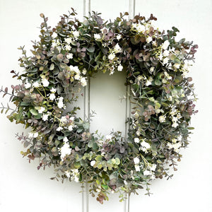 Eucalyptus Gypsophilia Wreath Faux Summer Front Door Wreath Artificial All Year Round Farmhouse Wreath Outdoor Greenery Indoor Wreath