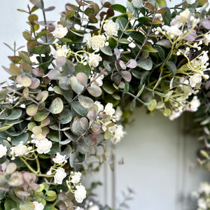 Eucalyptus Gypsophilia Wreath Faux Summer Front Door Wreath Artificial All Year Round Farmhouse Wreath Outdoor Greenery Indoor Wreath
