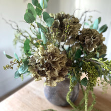 Load image into Gallery viewer, Faux Greenery &amp; Hydrangea Vase Arrangement – Artificial Silk Flowers for Elegant Home Decor