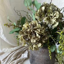 Load image into Gallery viewer, Faux Greenery &amp; Hydrangea Vase Arrangement – Artificial Silk Flowers for Elegant Home Decor