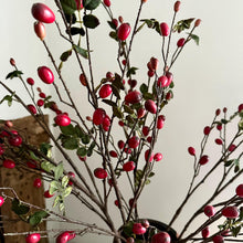 Load image into Gallery viewer, Rosehip Spray Dark Red Artificial Rose Hip Berry Branch Realistic Faux Stems For Natural Vase Arrangement Tall Red Christmas Berry Branch