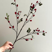 Load image into Gallery viewer, Rosehip Spray Dark Red Artificial Rose Hip Berry Branch Realistic Faux Stems For Natural Vase Arrangement Tall Red Christmas Berry Branch