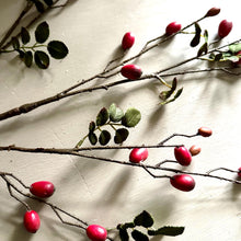 Load image into Gallery viewer, Rosehip Spray Dark Red Artificial Rose Hip Berry Branch Realistic Faux Stems For Natural Vase Arrangement Tall Red Christmas Berry Branch