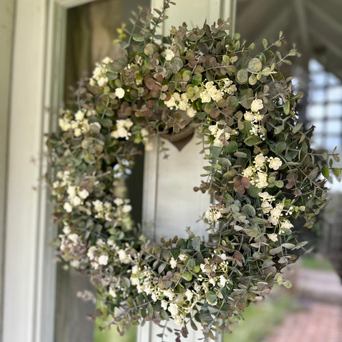 Artificial Eucalyptus Gypsophila Wreath Farmhouse Style Decor All Year Round Wreath Door Hanging Wreath for Home Wall Decoration for Wedding