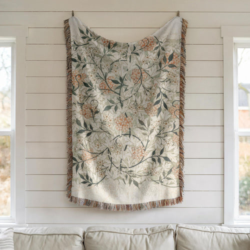 Floral Woven Blanket Cotton Vintage Cottagecore Botanical Throw Green Bedspread Cozy Boho Blanket Grandmillennial Decor Floral Pattern