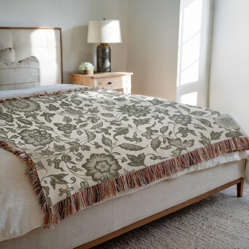 Floral Woven Blanket Cotton Vintage Cottagecore Botanical Throw Green Bedspread Cozy Boho Blanket Grandmillennial Decor Floral Pattern