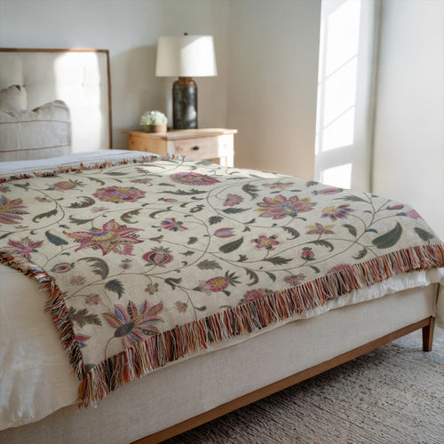Floral Woven Blanket Cotton Vintage Cottagecore Botanical Throw Bedspread Cozy Boho Blanket Grandmillennial Decor Floral Pattern