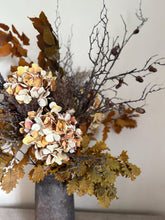 Load image into Gallery viewer, Faux Hydrangea Dried Look Flowers Vintage Yellow Ochre Autumn Winter Vase Arrangement for Rustic Autumn Wedding &amp; Vintage Decor