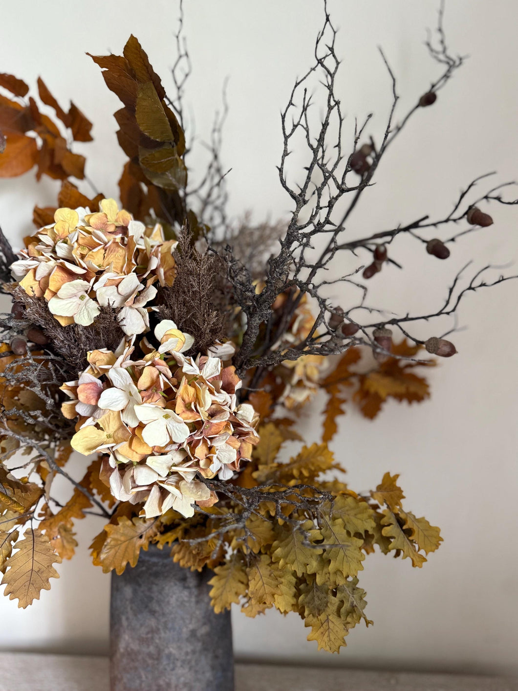 Faux Hydrangea Dried Look Flowers Vintage Yellow Ochre Autumn Winter Vase Arrangement for Rustic Autumn Wedding & Vintage Decor