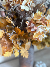 Load image into Gallery viewer, Faux Hydrangea Dried Look Flowers Vintage Yellow Ochre Autumn Winter Vase Arrangement for Rustic Autumn Wedding &amp; Vintage Decor